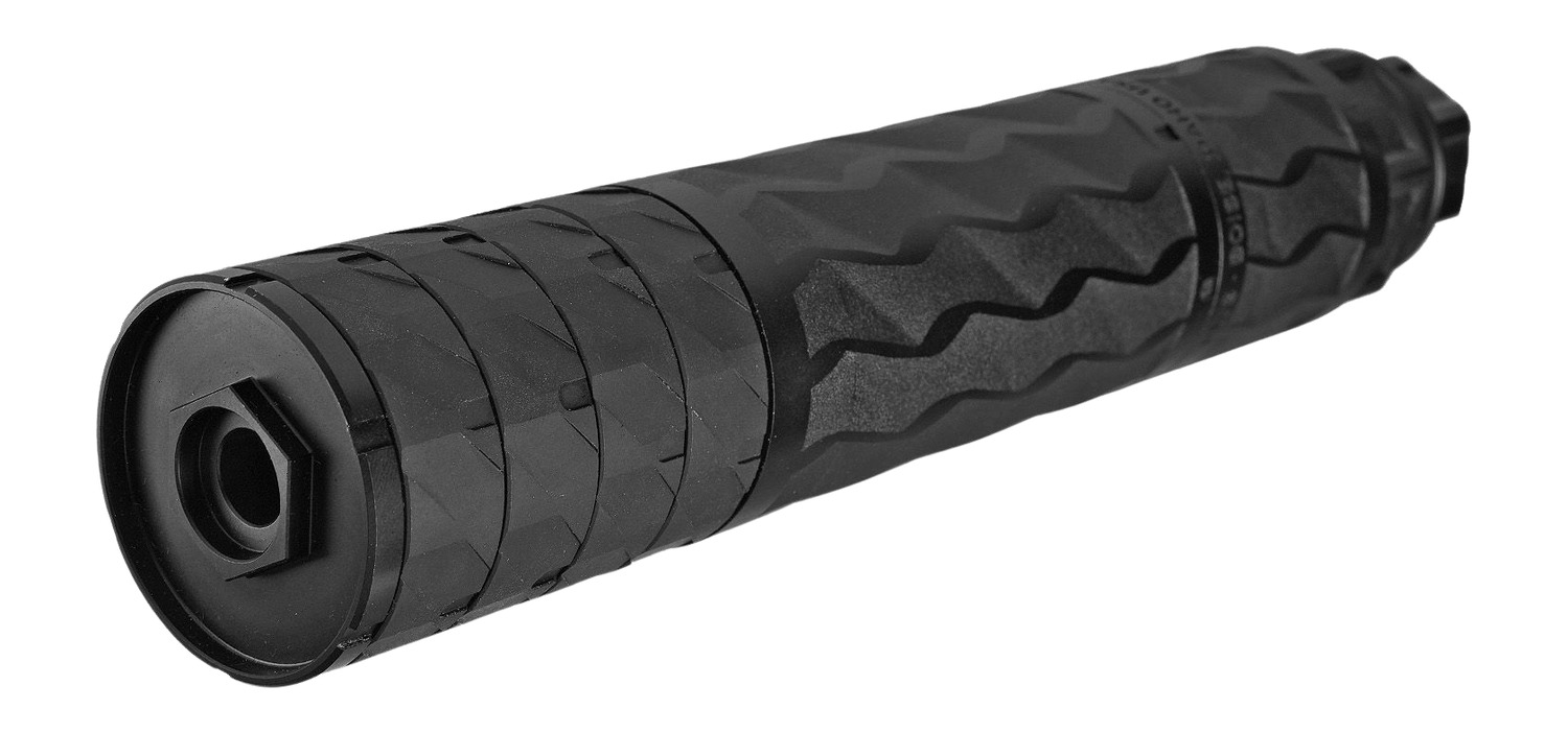 Black cylindrical firearm suppressor on white background