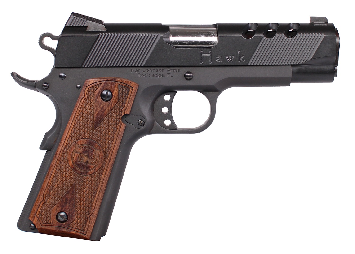 Black Hawk semi-automatic pistol with wooden grip