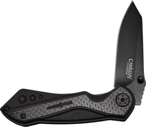 Black folding pocket knife with titanium blade