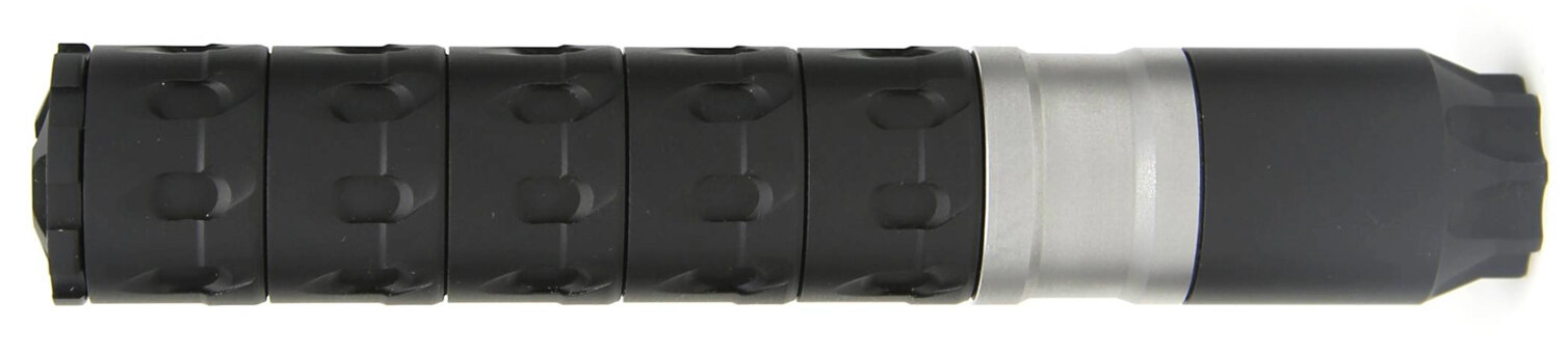 Black textured metal flashlight with silver accent