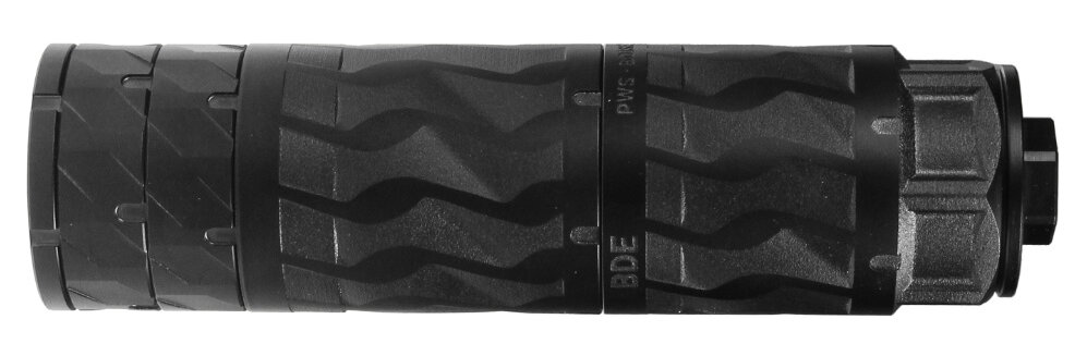 Black cylindrical firearm suppressor with textured grip