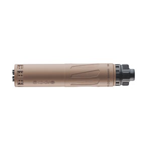 Tan firearm suppressor on a white background