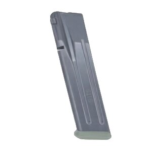 Gray rifle magazine on white background