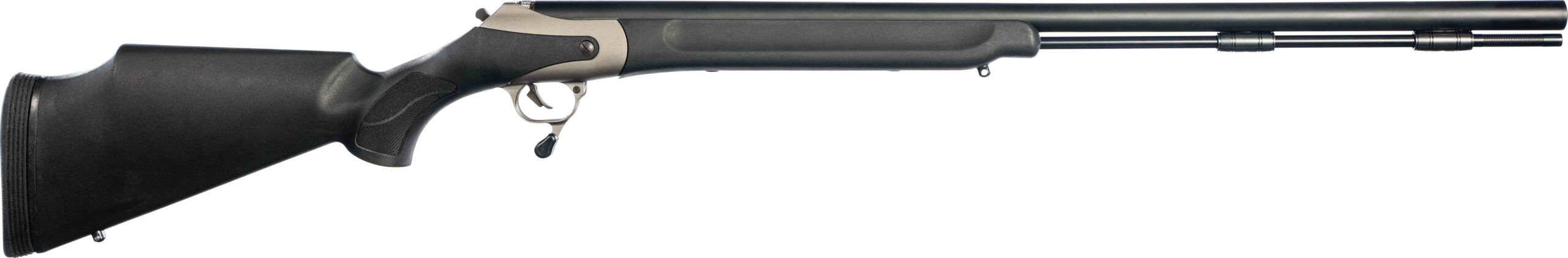 Black shotgun with synthetic stock on white background