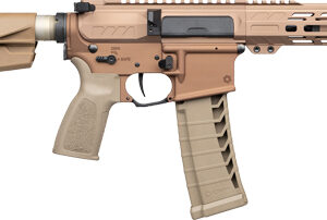 Tan tactical firearm on a white background