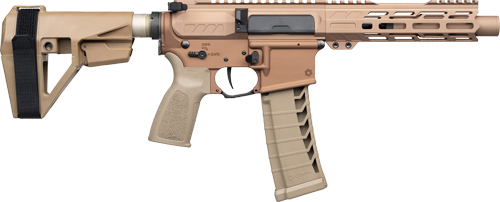 Tan tactical firearm on a white background