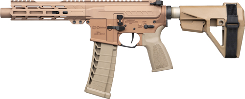 Tan firearm with detachable magazine and stock.
