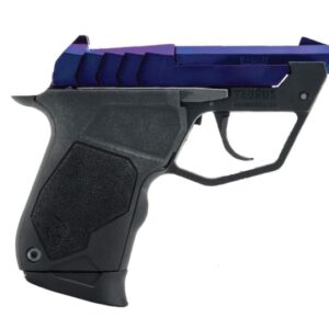 Compact black and purple semi-automatic handgun