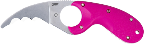 Pink-handled serrated hawkbill folding knife