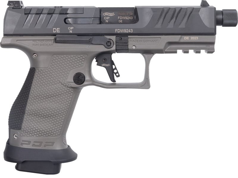 Compact gray handgun with detailed design