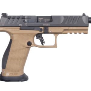Side view of a tan semi-automatic pistol