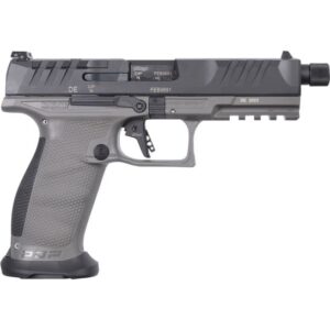 Side view of a modern handgun with suppressor.