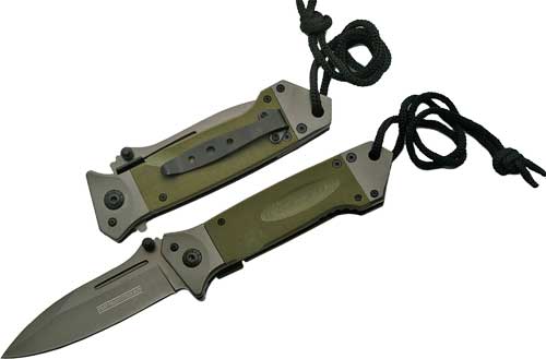 Green tactical folding knife with lanyard cord