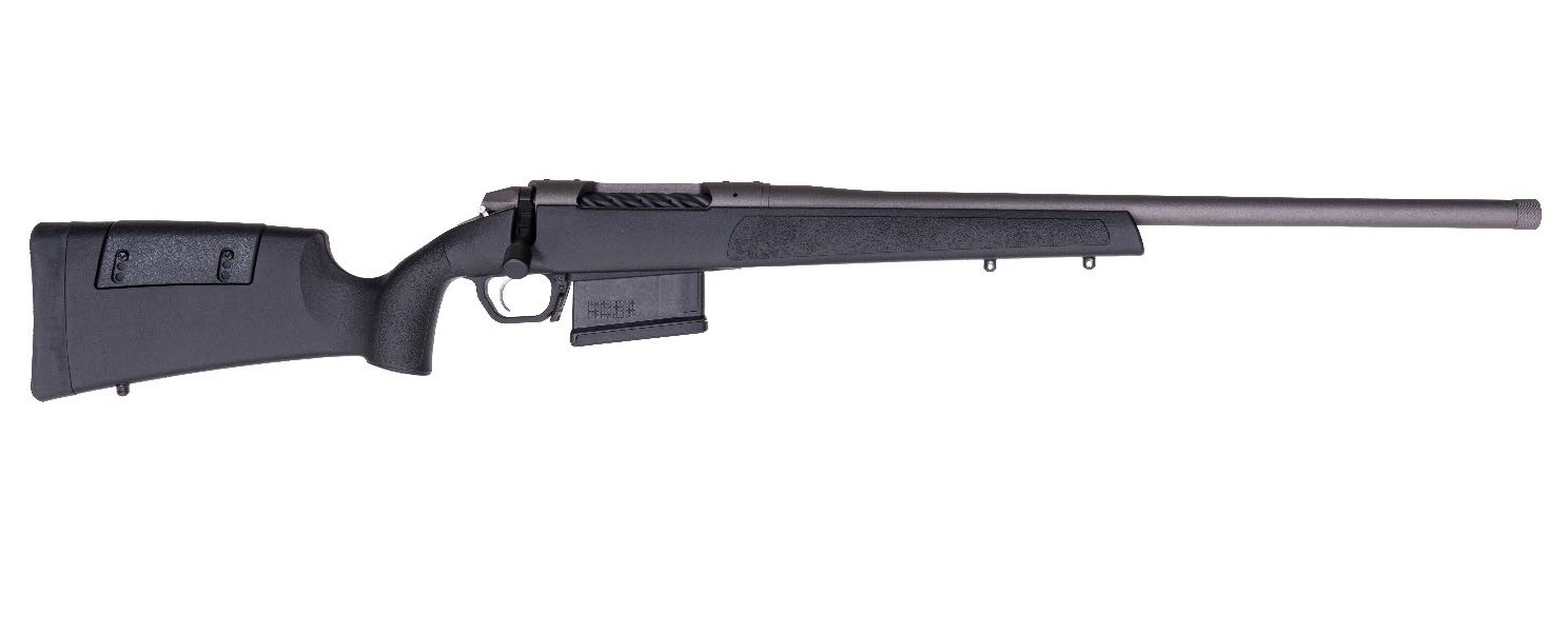 Black bolt-action rifle on white background
