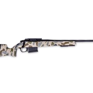 Camouflage bolt-action rifle on white background