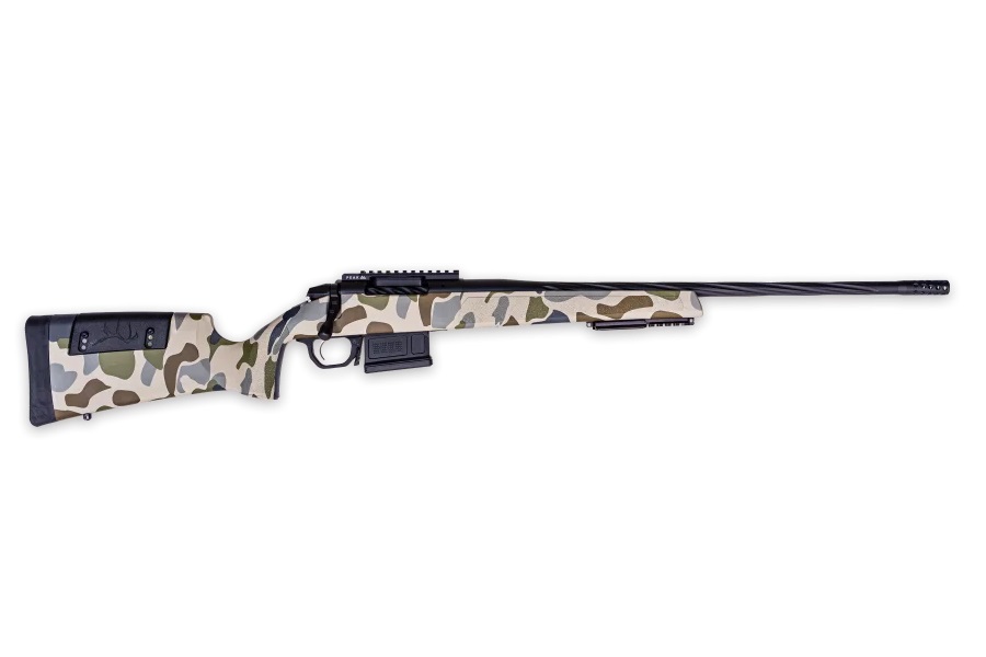 Camouflage bolt-action rifle on white background