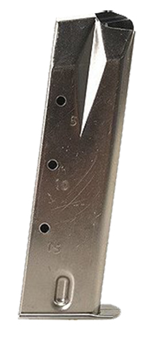 Damaged metal pistol magazine with witness holes