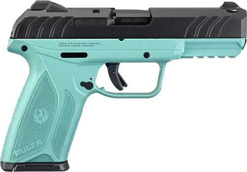 Teal and black Ruger semi-automatic pistol