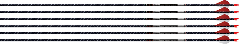 Carbon fiber arrows with red fletching aligned