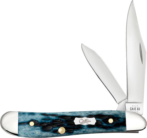 Blue-handled Case XX pocket knife with blades open