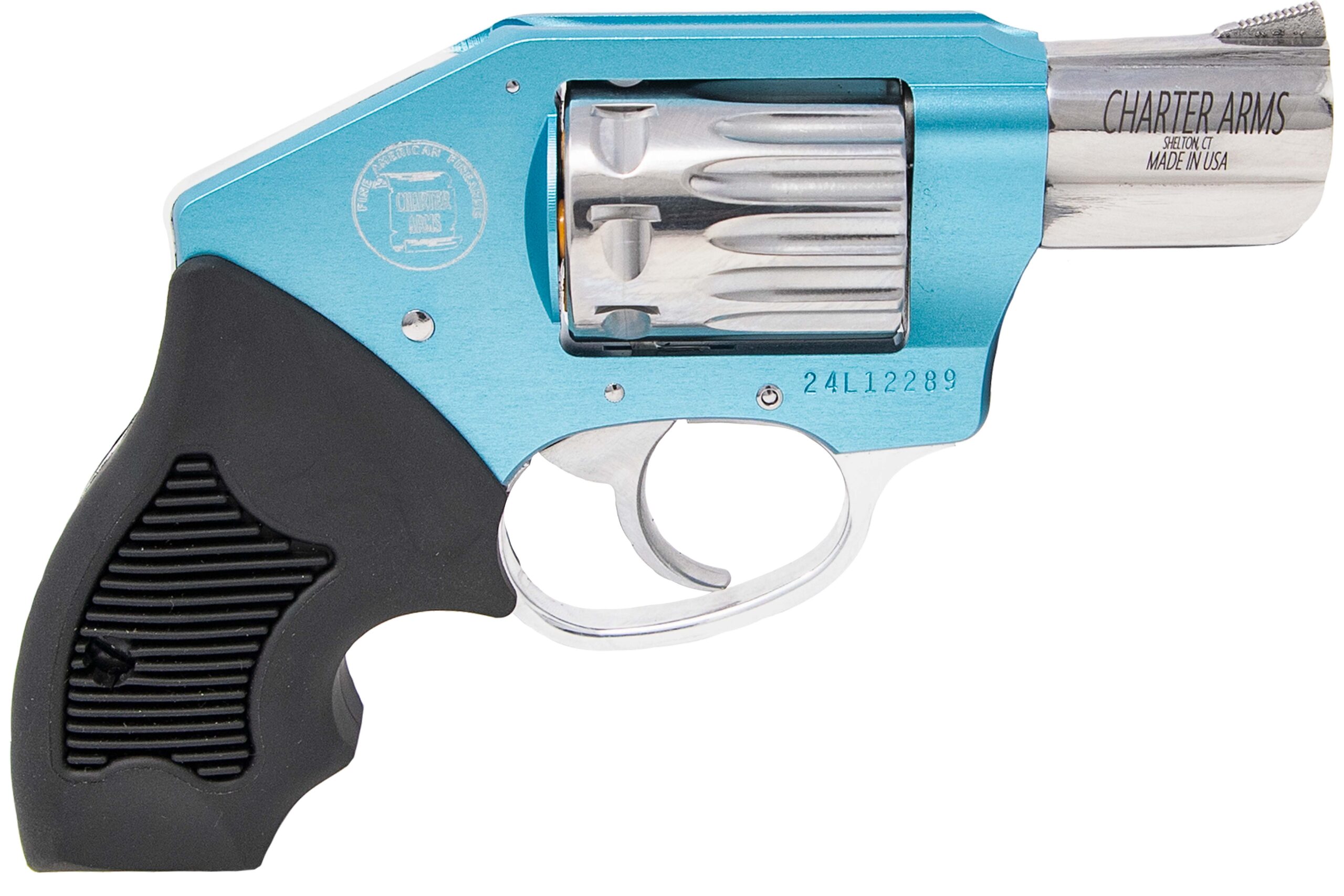 Compact blue revolver with black grip