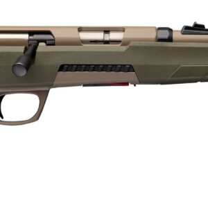 Modern rifle with green stock and tan accents
