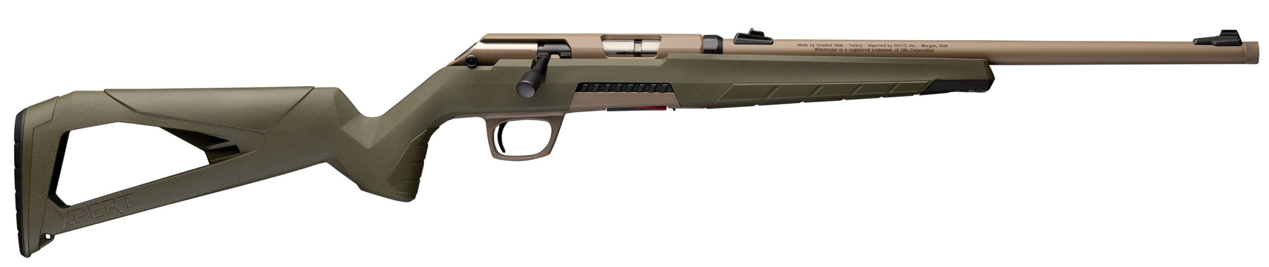 Modern rifle with green stock and tan accents