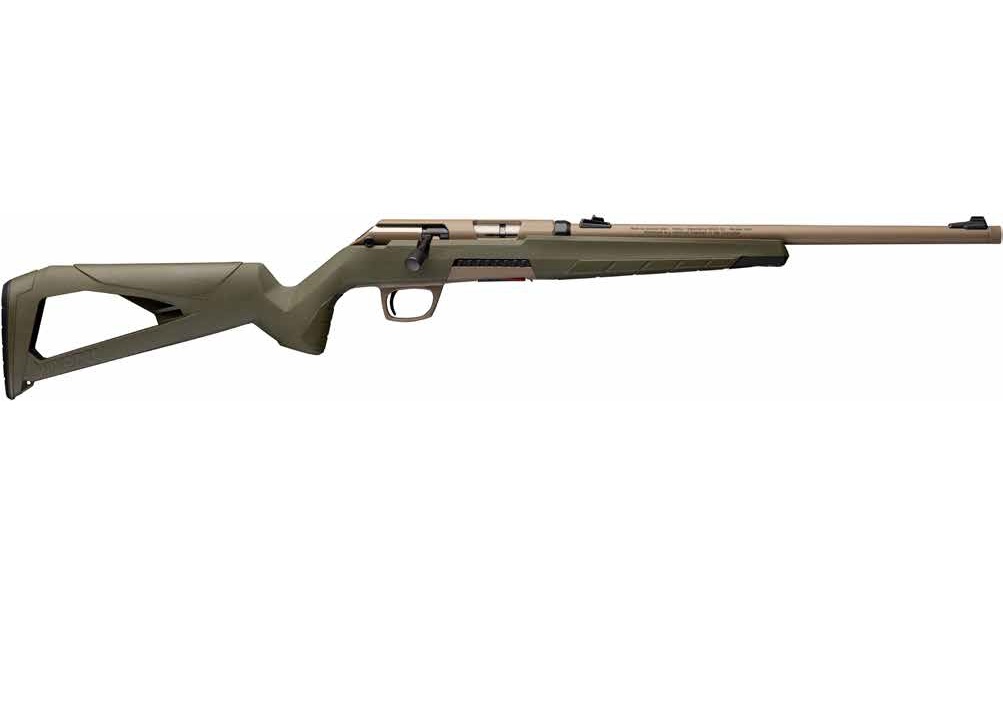 Bolt-action rifle with green synthetic stock