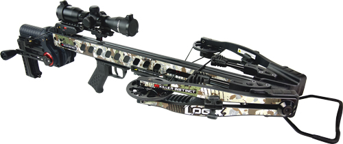 Camouflage crossbow with scope on white background