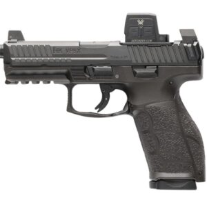 Black semi-automatic pistol with red dot sight