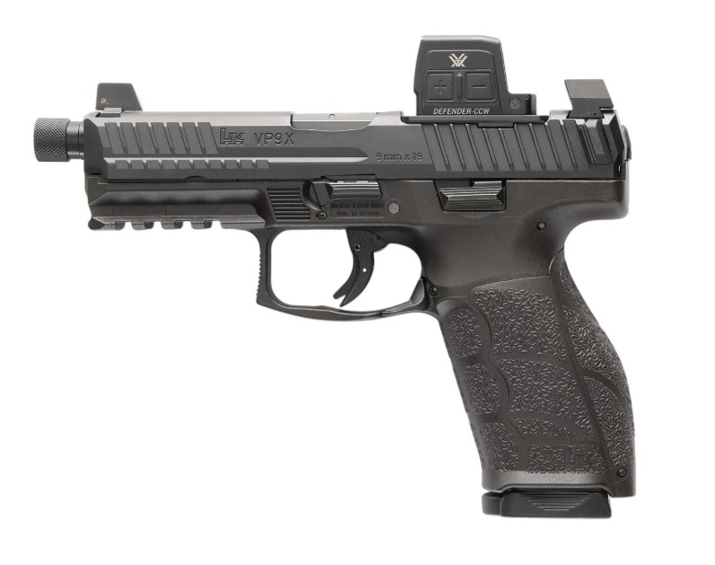 Black semi-automatic pistol with red dot sight
