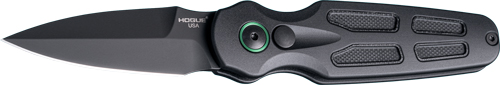 Black folding knife with textured handle and green pivot