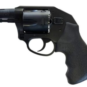 Black snub-nose revolver on white background