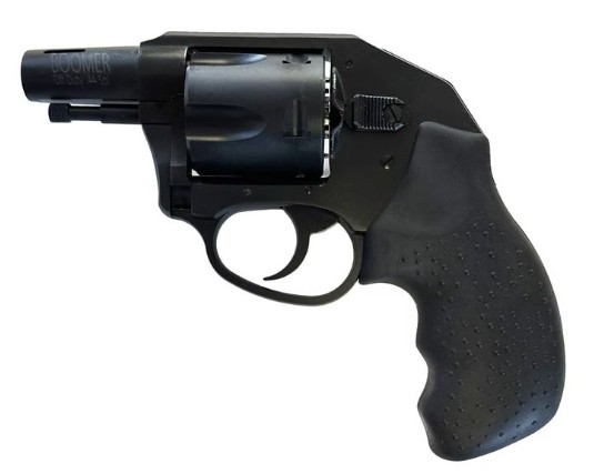 Black snub-nose revolver on white background