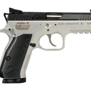 Silver and black semi-automatic handgun on white background