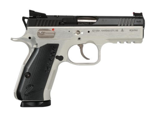 Silver and black semi-automatic handgun on white background