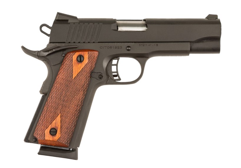 Black semi-automatic pistol with wooden grip