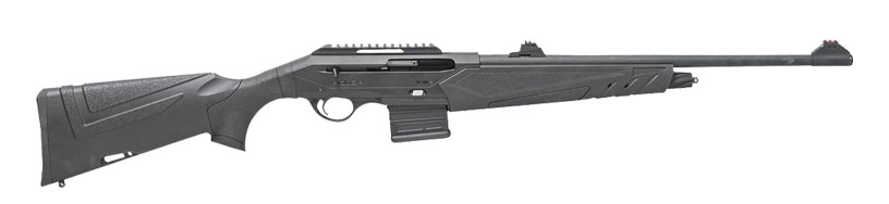 Black semi-automatic rifle on white background