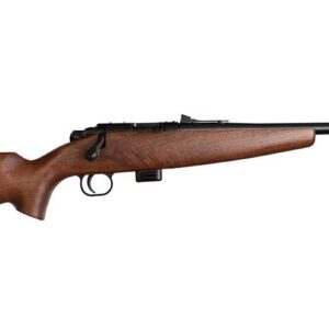 Wooden-stock rifle with a black barrel