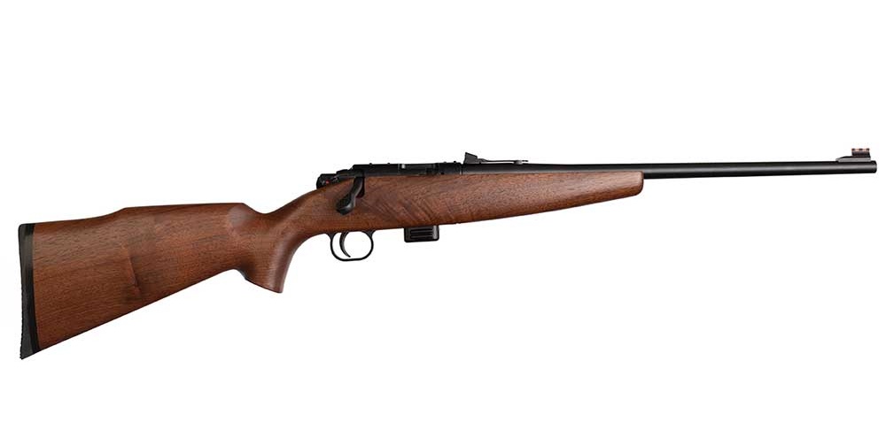 Wooden-stock rifle with a black barrel