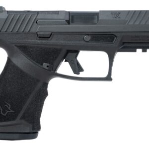 Black semi-automatic handgun on white background