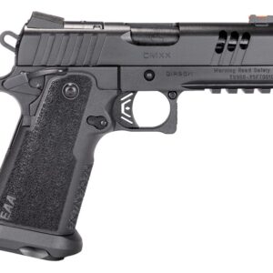 Black semi-automatic pistol on a white background.