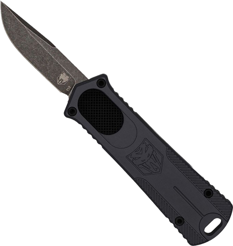 Black tactical automatic knife with stonewashed blade