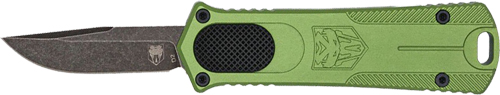 Green folding pocket knife with black blade