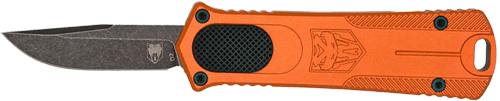 Orange automatic knife with black grip and blade