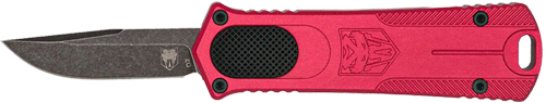 Red OTF knife with black blade extended