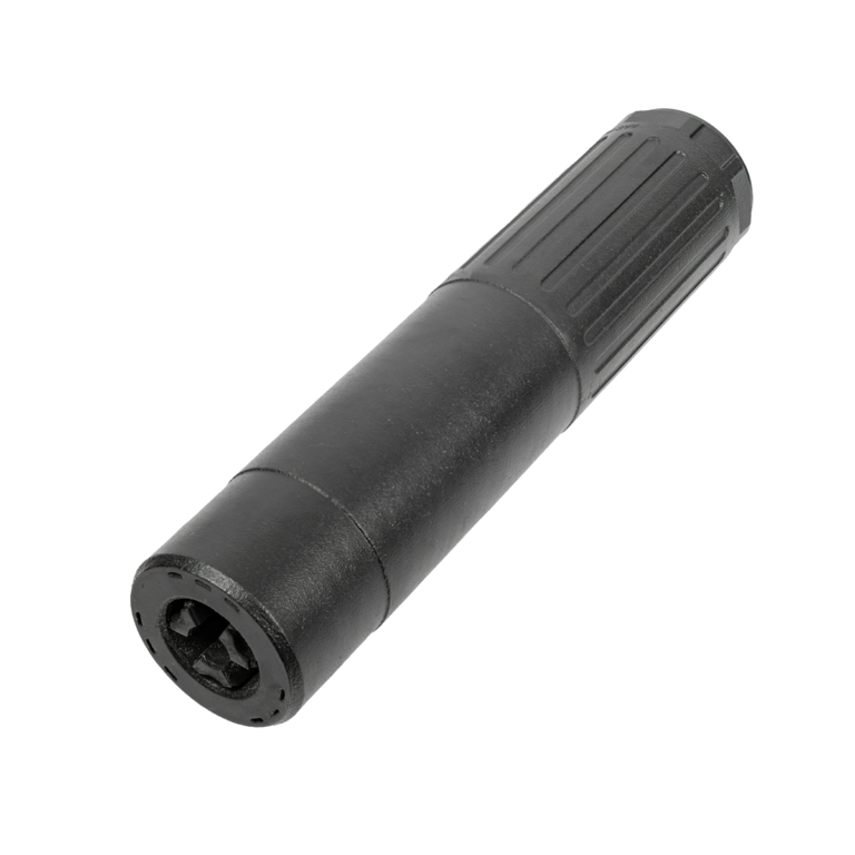 Black cylindrical firearm suppressor on white background