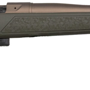 A modern rifle with an olive green stock