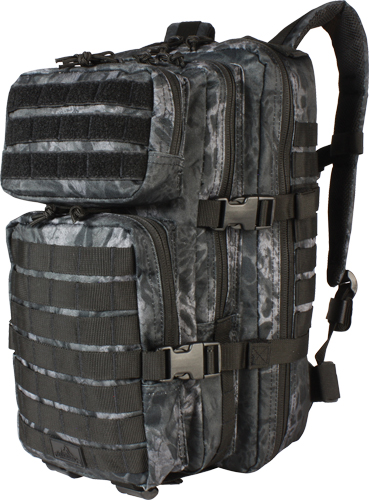 Gray tactical backpack with multiple compartments and straps