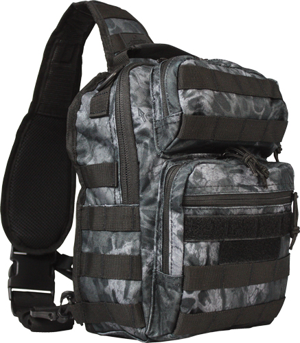 Gray camouflage tactical sling backpack with multiple compartments